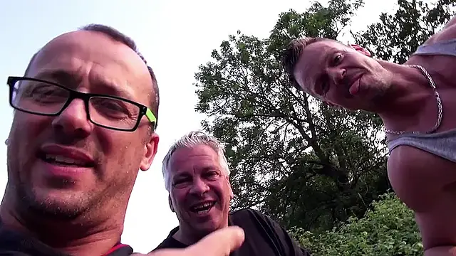 Big ass brunette enjoying in hard threesome outdoor fuck