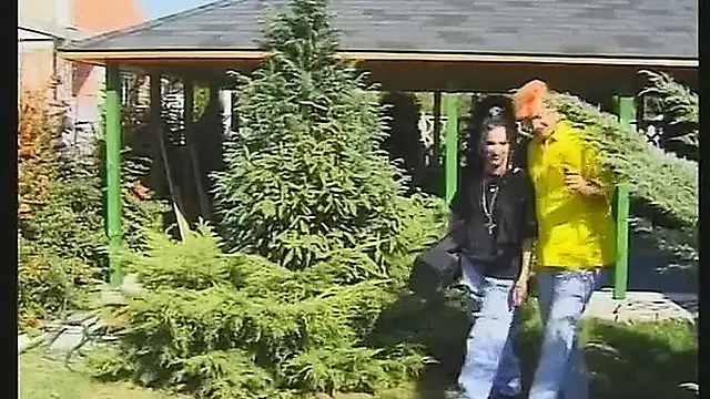 Superb brunette sucks and rides erect rod outdoors