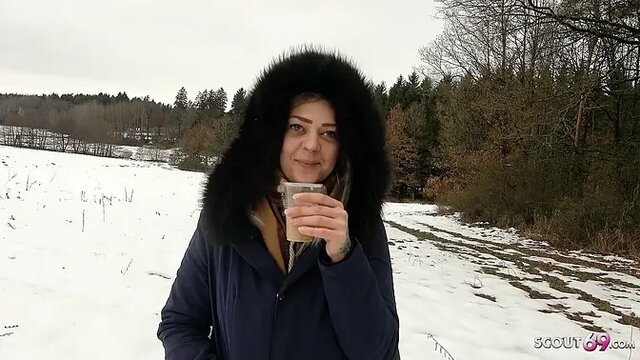 German teen bitch gets a risky POV blowjob in public