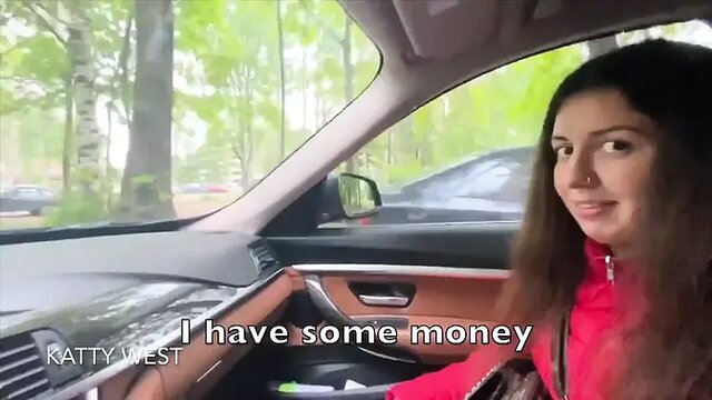Russian girl slobbers on big cock in a car for cash